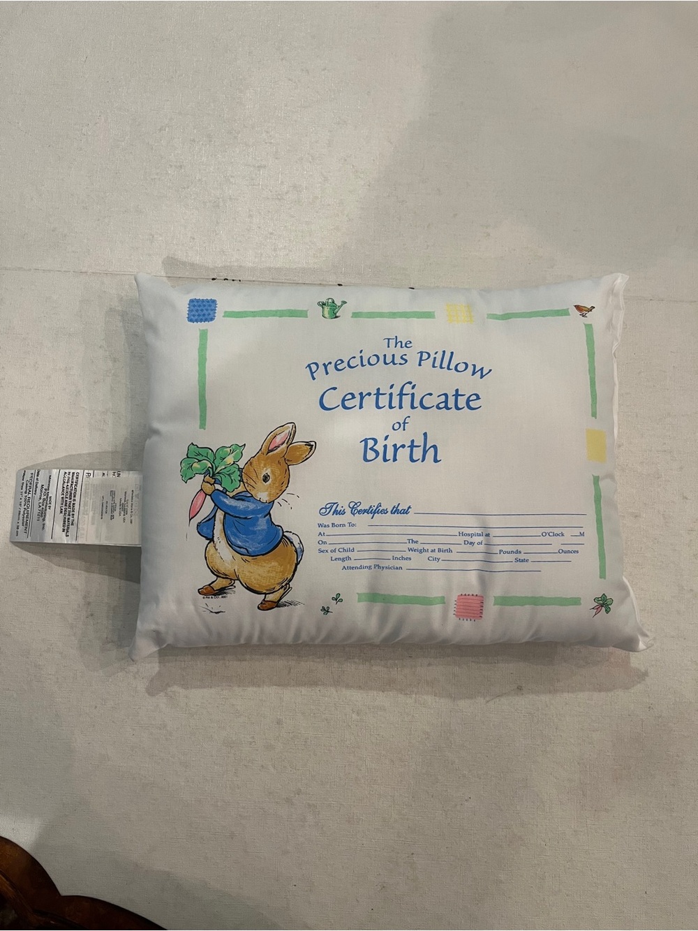Vintage 2001 Peter Rabbit New Baby certificate pillow. So Cute!